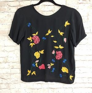 Topshop Black Short Sleeve Floral Embroidered Blouse